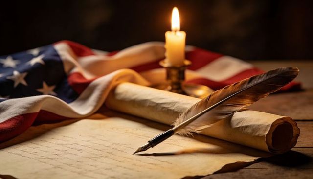 Quill writing on vintage parchment with american flag and candlelight