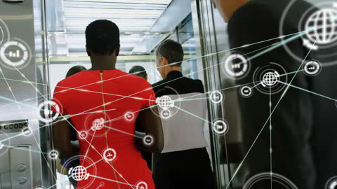 Businesspeople in Elevator with Global Digital Icons Connect