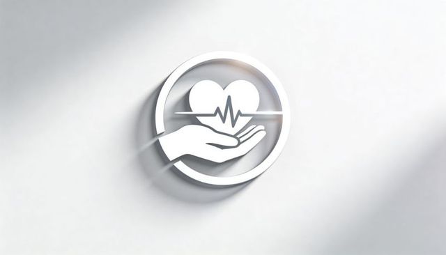 Floating 3d healthcare emblem hand holding heart with ecg pulse on pale white background