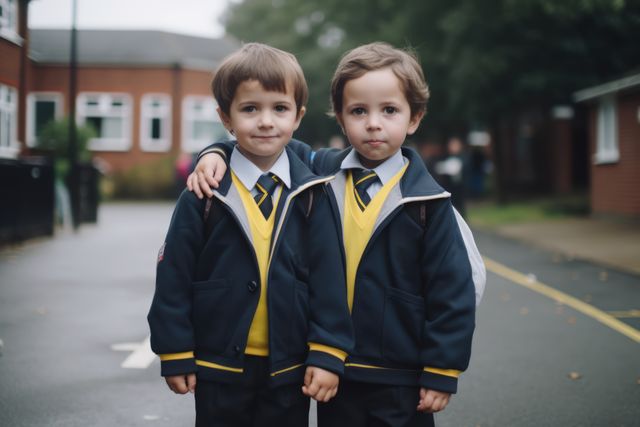 Two young boys wearing navy blue and yellow school uniforms are standing together on a campus path. Both of the boys are carrying backpacks, and one has his arm around the other in a display of friendship. The background includes a school building and blurred greenery. Perfect for use in educational content, Back-to-School promotions, nurturing childhood experiences, or friendship-themed projects.