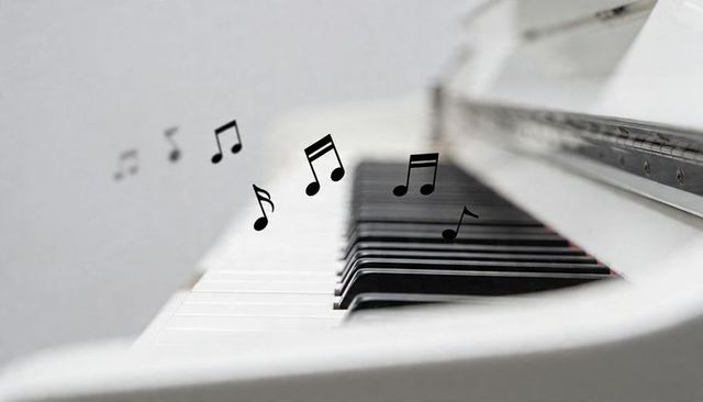 White piano keyboard with floating musical notes creating minimalist monochrome concept