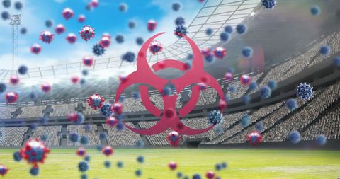 Coronavirus Floating with Biohazard Symbol Over Stadium
