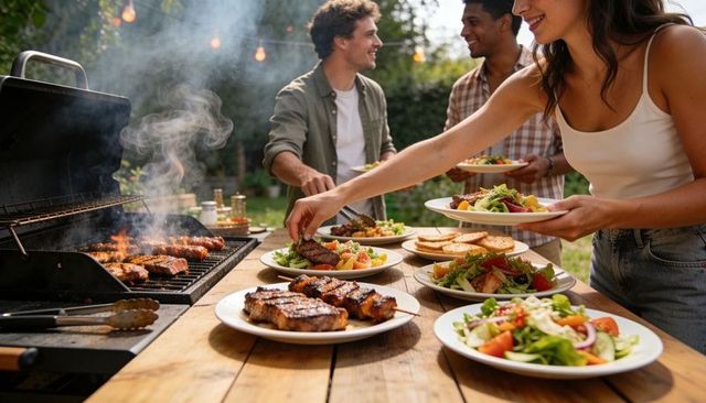 Friends grilling and serving summer backyard barbecue with steaks, fresh salads and dining