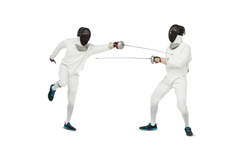 Two male fencers competing with swords on transparent background