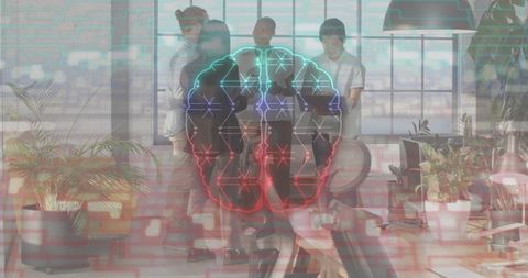 Coworkers Collaborating Around Tablet with Neon Neural Network Overlay in Modern Office