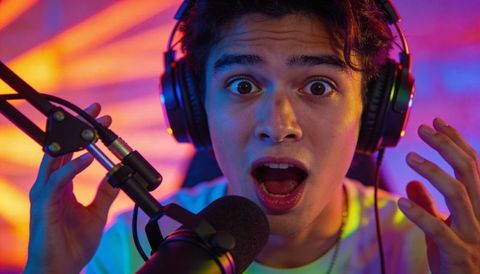 Young streamer reacting with shocked expression while broadcasting on neon rgb mic