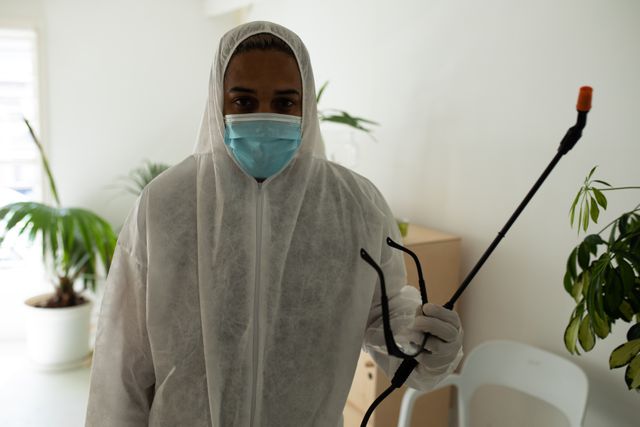 A caucasian woman wearing protective clothing and equipment walking around the office disinfecting things. he took off her glasses holding it in one hand and holding her equipment with the other.