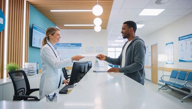 Female doctor receptionist handing paperwork to patient at modern medical clinic reception