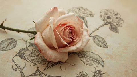 Pale Pink Rose on Antique Botanical Illustration