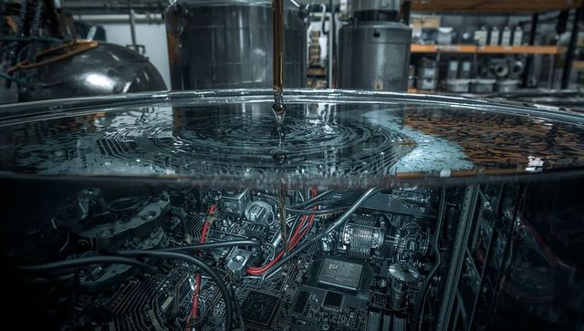 Droplet making ripples over circuitry, closeup liquid interaction with pcbs for tech concept
