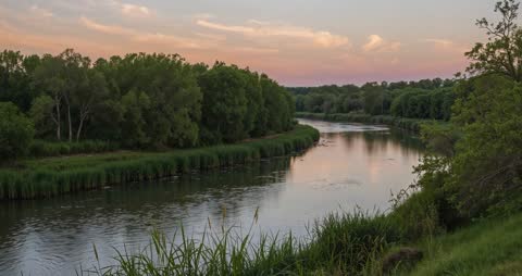 Scenic Riverside at Sunset with Reflections & Reeds
