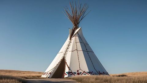 Rustic canvas native american teepee on prairie path under clear blue sky