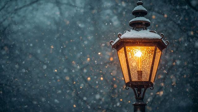 Glowing victorian lantern casting warm amber light amid falling snow at dusk with bokeh