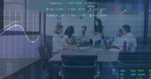 Business Team Collaboration with Financial Data Overlay