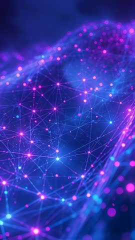 Vertical neon network mesh panning with pulsing nodes and bokeh, abstract tech loop