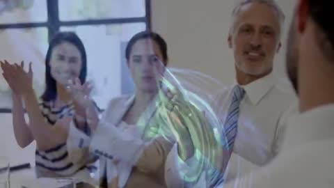 Business Team Applauding with Holographic Swirl Overlay