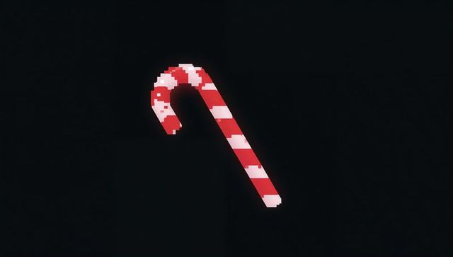 Floating pixel-art candy cane tilting on dark backdrop retro 8-bit glowing minimalist