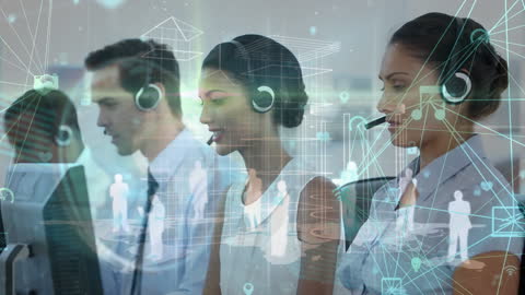 Diverse Call Center Team with Digital Network Overlay