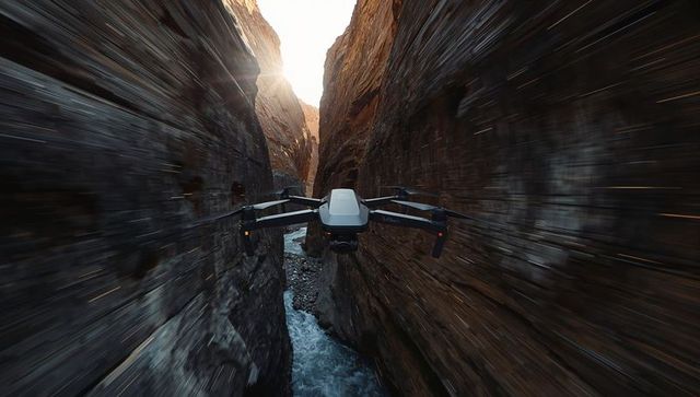 Foldable quadcopter navigating narrow sunlit canyon through whitewater gorge