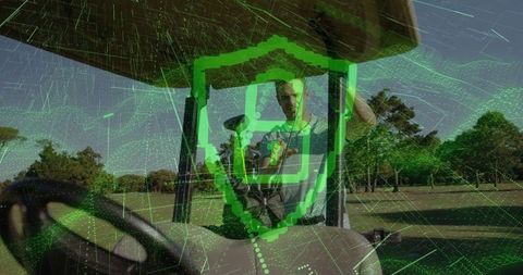Golfer Using Smartphone on Golf Cart with Digital Security Concept