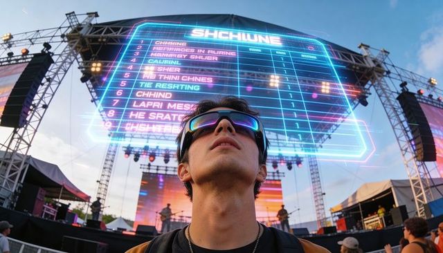 Asian festival attendee gazing up at holographic led stage board wearing mirror shades