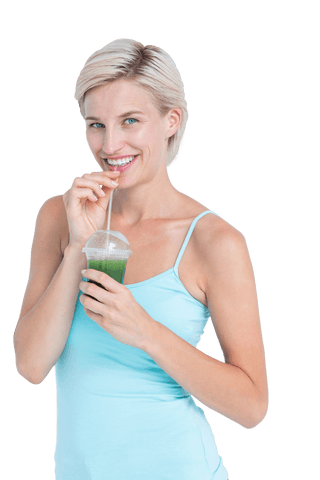 smiling woman enjoying refreshing green juice transparent background - Download Free Stock Videos Pikwizard.com