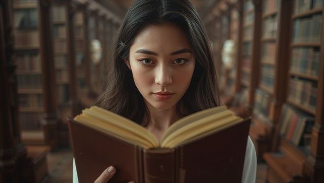 Thoughtful Scholar Engrossed in Book in Grand Historical Library
