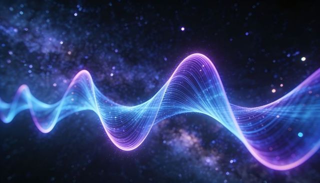 Neon Audio Waveform Flowing Through Cosmic Starfield Visualizing Sound Energy Peaks