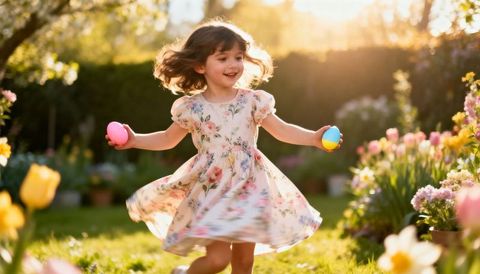 Little girl twirling in floral dress holding colorful easter eggs in sunlit garden