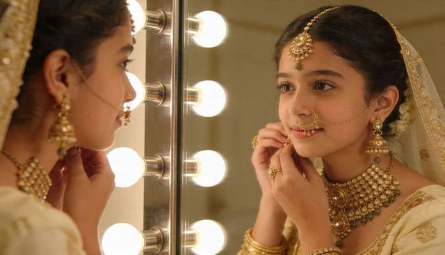 Teenage bride adjusting traditional jewelry and dupatta at lighted vanity mirror