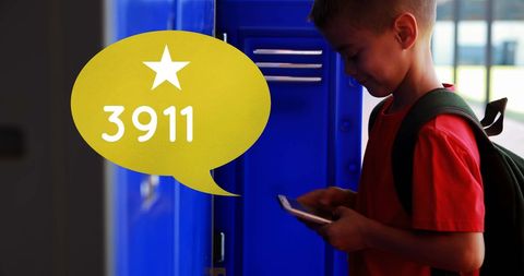 Hispanic boy engaging with digital score beside school locker