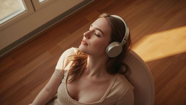 Serene young woman listening to music with headphones in sunlit interior