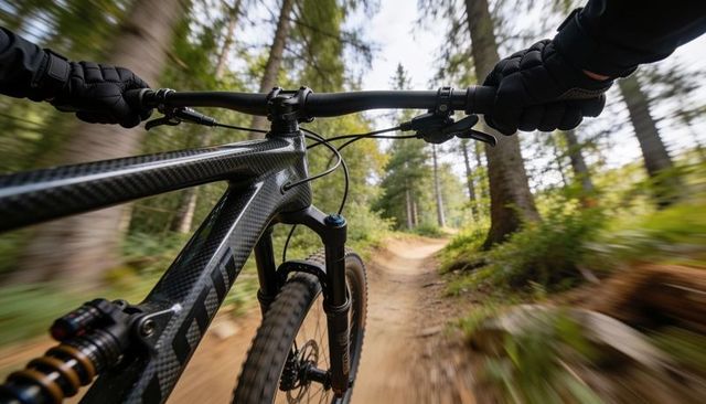 Riding carbon mountain bike on fast singletrack through pine forest pov, suspension action