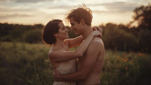 Golden hour lovers embracing in wildflower meadow at sunset, romantic intimate moment