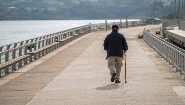 Senior man walking with cane on waterfront pier, solitude promenade and calm seaside