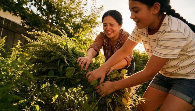 Mother and daughter pulling weeds in backyard garden at golden hour, family gardening teamwork
