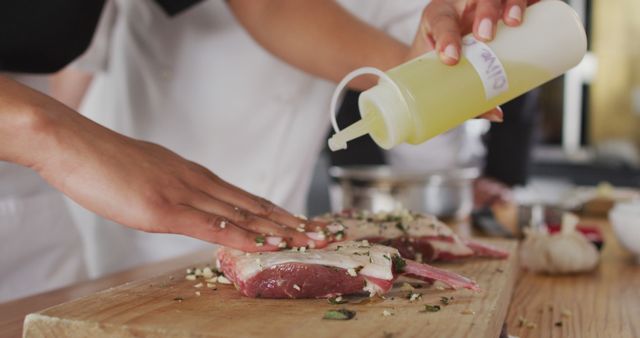 Chef Marinating Meat with Seasoning on Wooden Board - Download Free Stock Images Pikwizard.com