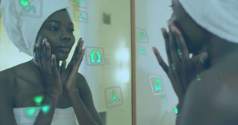 Woman embracing smart skincare technology in bathroom mirror