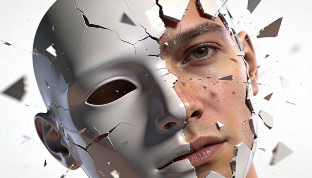 Shattered porcelain mask revealing adult male face closeup surreal fragmented identity