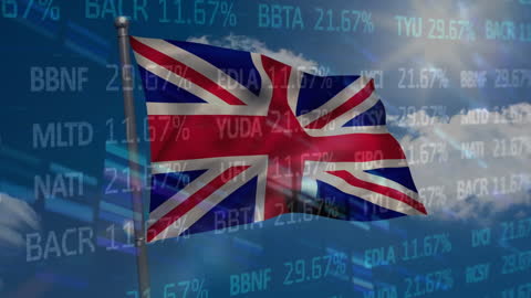 UK Flag Against Stock Market Data Display and Blue Sky