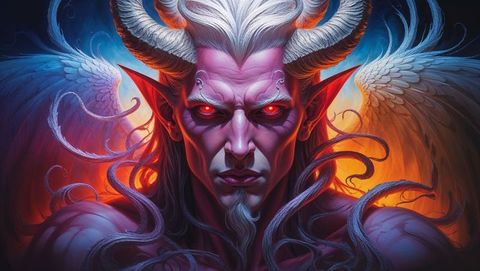 Mystical satan with illuminating wings in ethereal realm