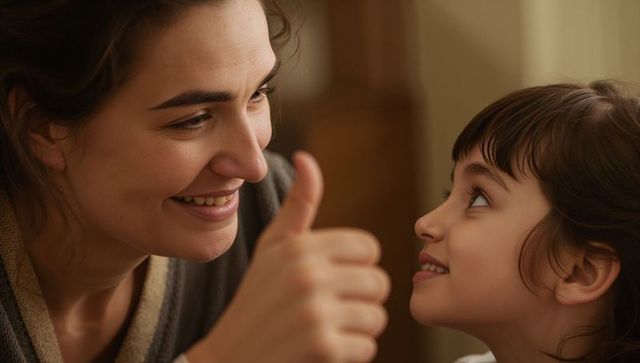 Closeup mother giving thumbs up to daughter showing support and encouragement at home