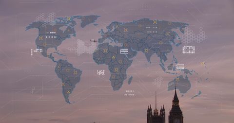 World map with data processing overlay in london skyline