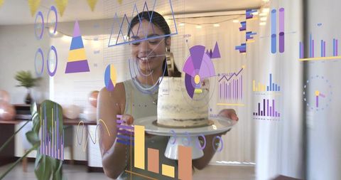 Presenting homemade layered cake with augmented data overlays and party decorations