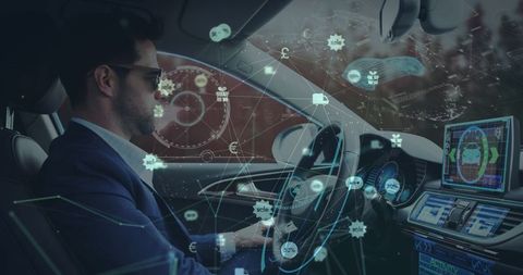 Man riding in self-driving car with futuristic digital interface