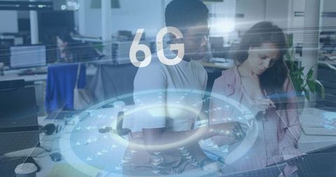 Colleagues Discussing 6G at Modern Office Table with Mixed Reality Interface