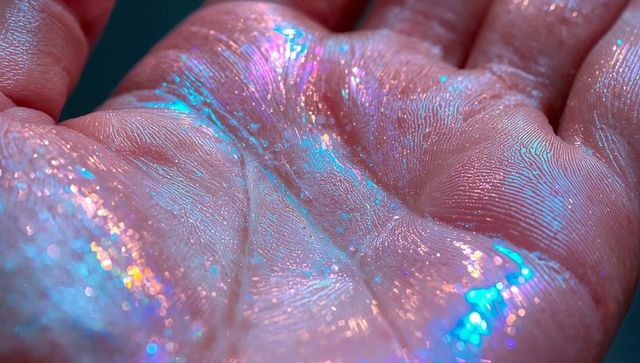 Displaying iridescent glitter on open palm with prismatic blue-pink sparkle macro
