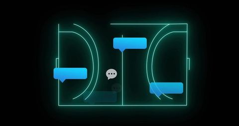 Glowing neon court schematic showing floating blue chat bubbles for sports messaging concept