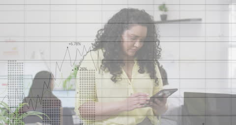 Businesswoman Analyzing Data on Digital Tablet with Overlay Chart Animation