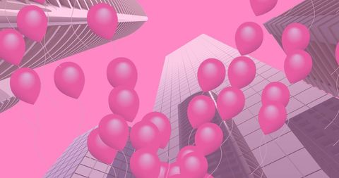 Pink Balloons Floating Over Modern Skyscrapers Against Pink Sky - Download Free Stock Images Pikwizard.com